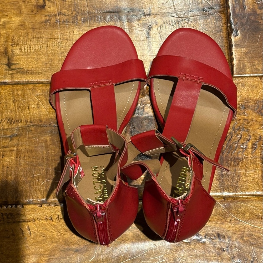 Kenneth Cole Reaction T-Strap Ava Red Wedge Sandals - Picture 13 of 15
